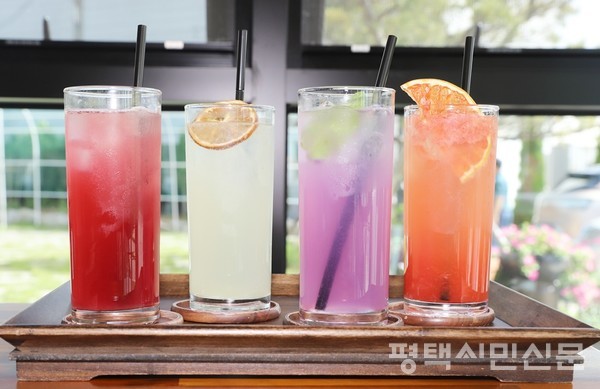 왼쪽부터 오미자에이드, 레몬에이드, 팬지꽃차에이드, 자몽에이드