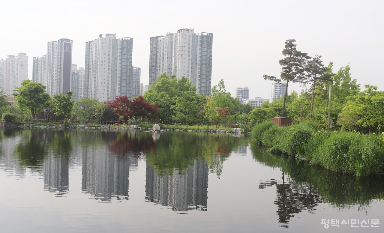 이화하수처리장 처리수를 일시 저장하는 함양지. 물 일부는 배다리생태공원으로 유입되고, 일부는 소사벌지구 아파트단지 옆 실개천으로 흐른다 