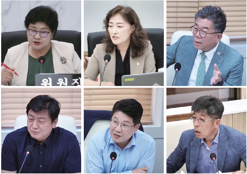제9대 평택시의회 제256회 행정사무감사에서 질의하는 시의원들. 윗줄 왼쪽부터 기획행정위 김영주 위원장과 김명숙 의원, 복지환경위원회 이윤하·이종원·최준구 의원, 산업건설위원회 유승영 의원