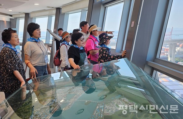7월 9일 송북동바르게살기위원회가 마린센터 전망대에서 최성일 평택당진항발전협의회 명예회장의 설명을 들으며 평택항 전경을 살펴보고 있다.