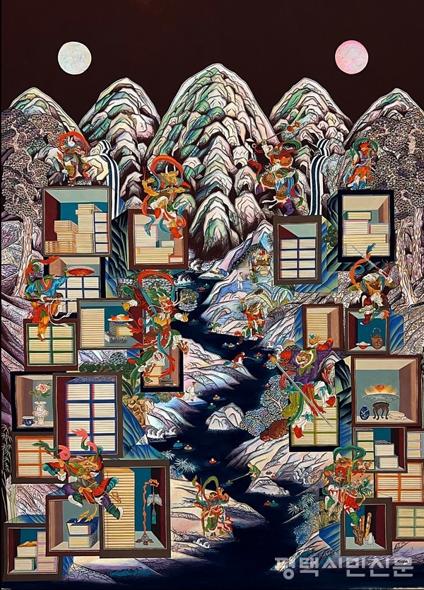 문희란 작 환희(歡喜) 순지·분채·동양화물감·자개펄, 130x160cm