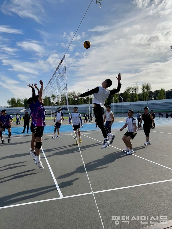 사진은 남자배구 경기를 치르고 있는 선수들의 모습.
